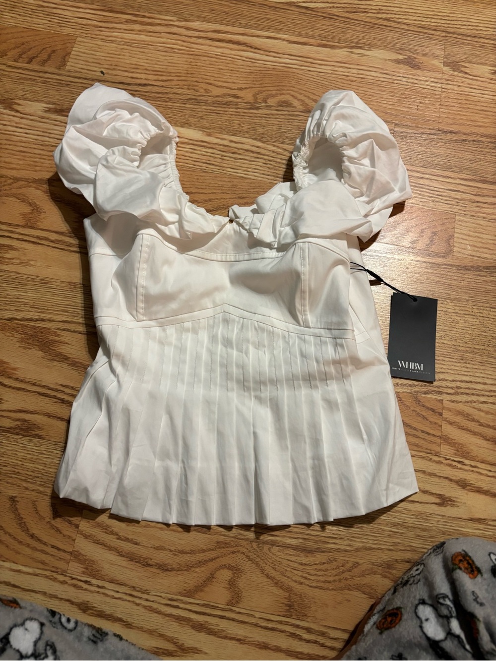 White House Black Market White Pleated Puff Sleeve Peplum Top